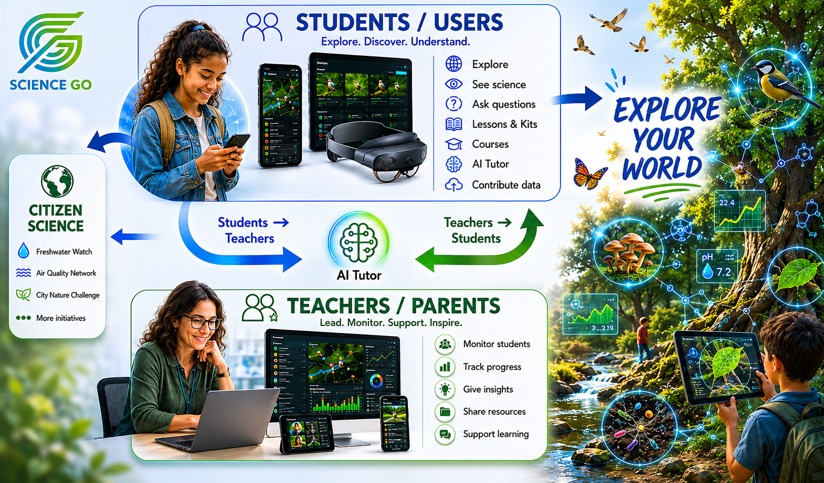 Science Go in action — students exploring water, air, plants and city science with AR, IoT and an AI tutor